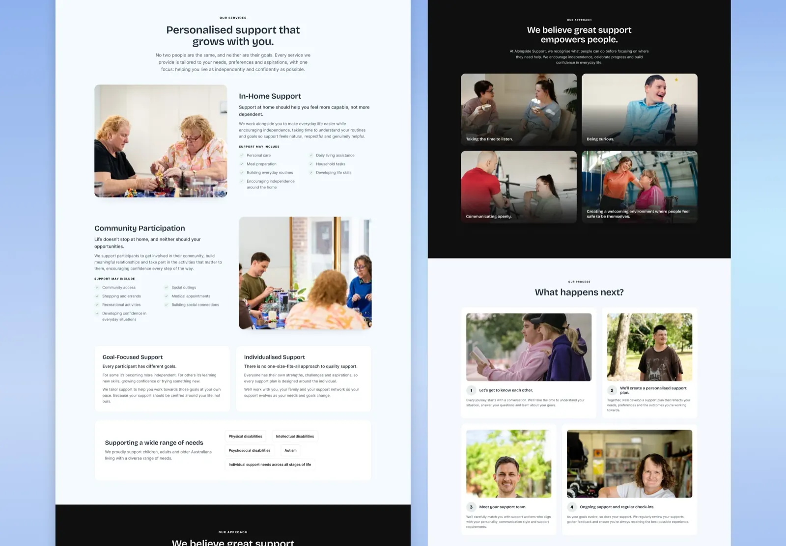 Two sections of the Alongside Support page: services with photographs and lists of what support may include, a row of needs supported, a dark approach section with four photographs, and four numbered steps under What happens next
