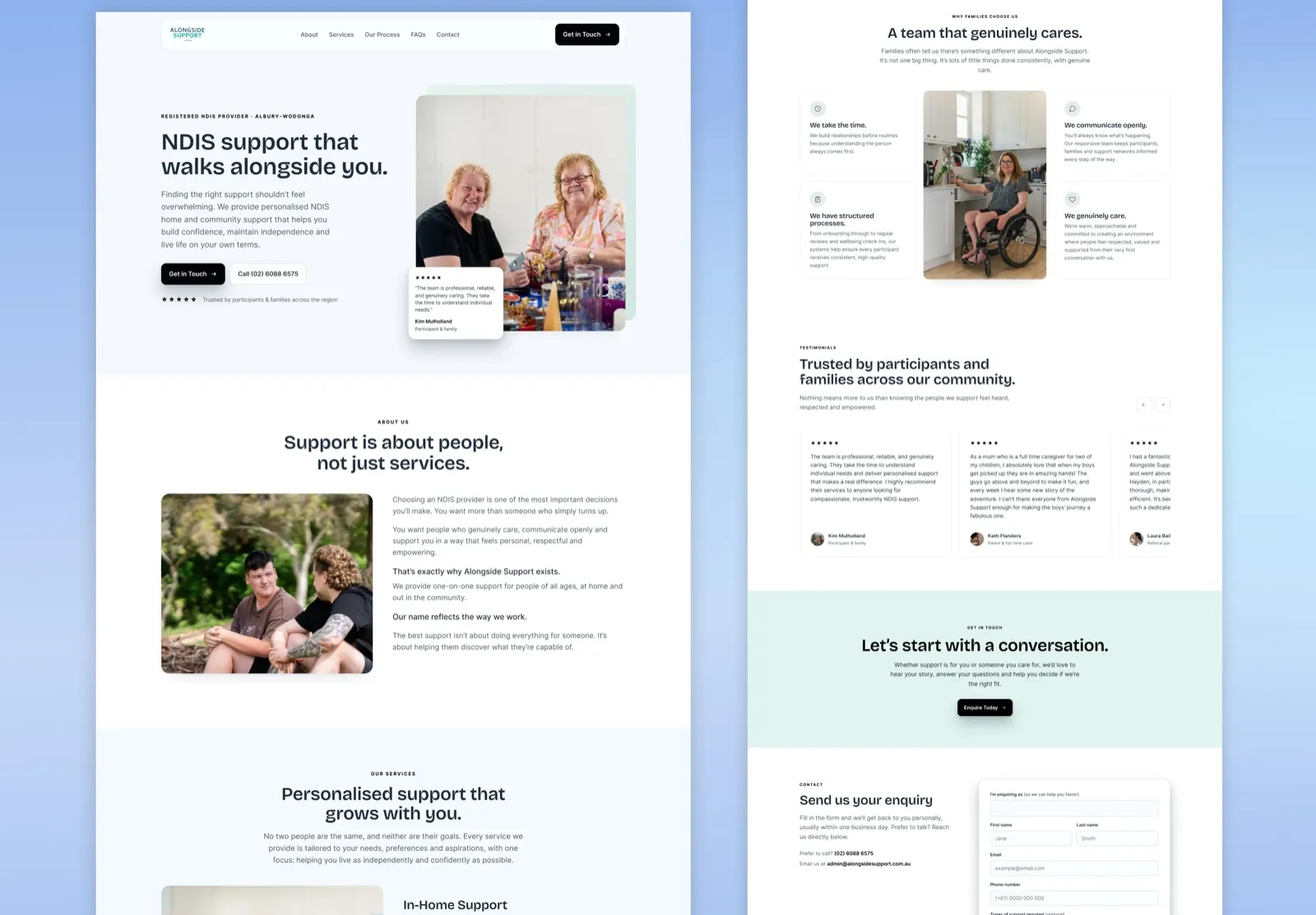 The rest of the Alongside Support page: about, why families choose the team with four reasons around a photograph, labelled testimonials, the get in touch band and the enquiry form