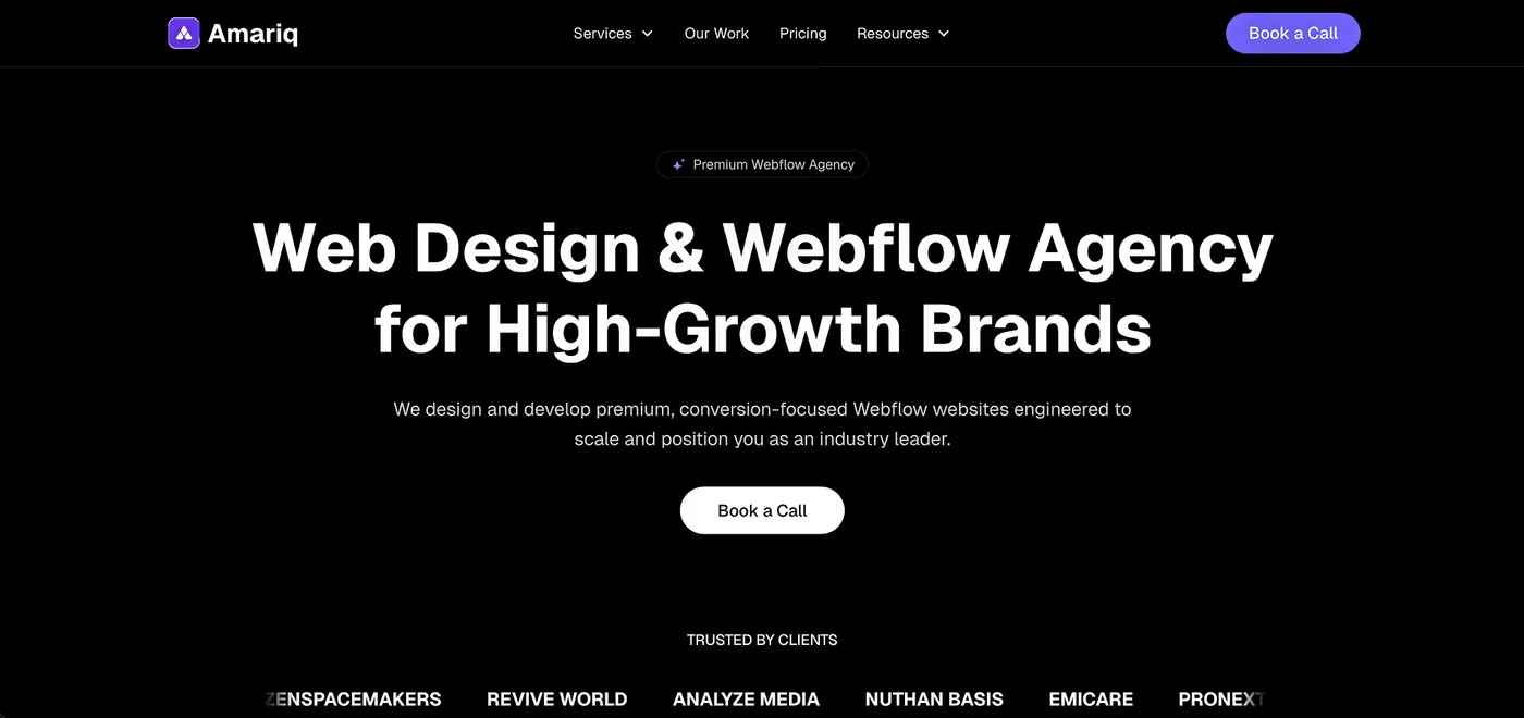 Amariq homepage: a web design and development studio for marketing teams and ecommerce brands