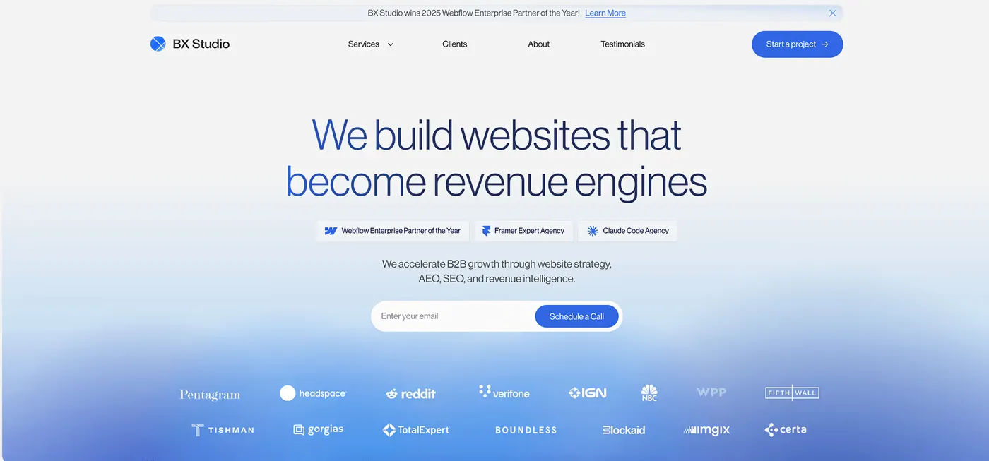 BX Studio homepage: we build websites that become revenue engines