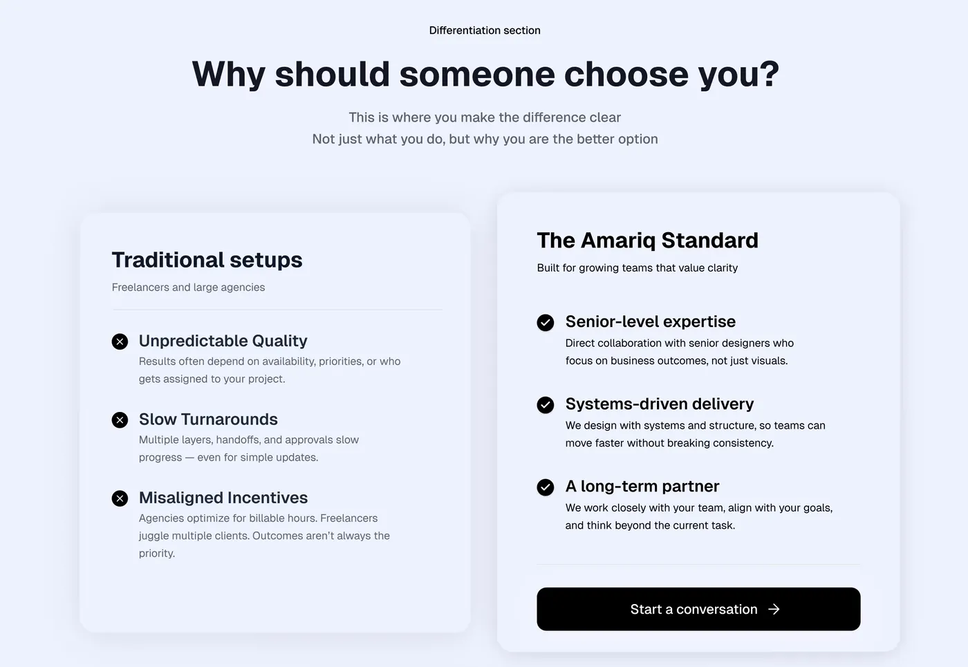 Wireframe comparing traditional setups with a better alternative