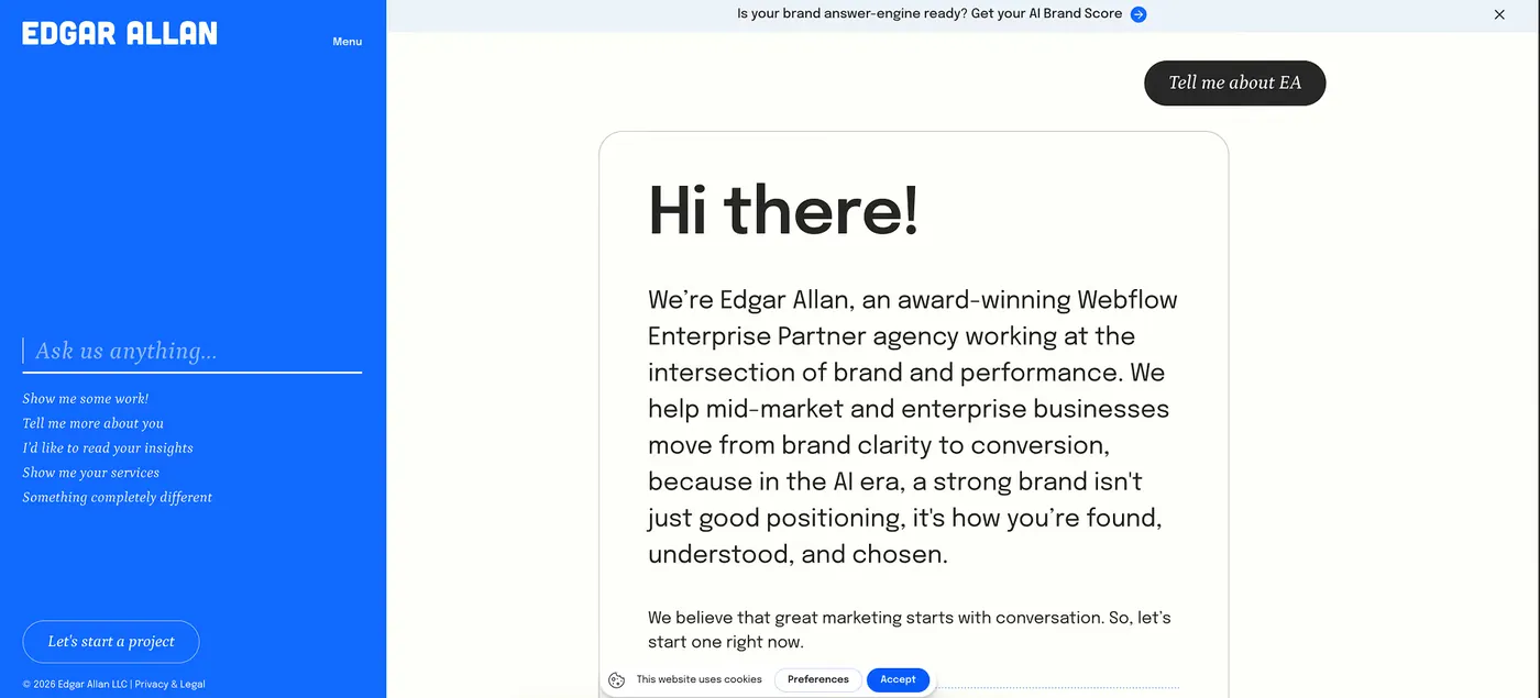 Edgar Allan homepage with a conversational introduction panel