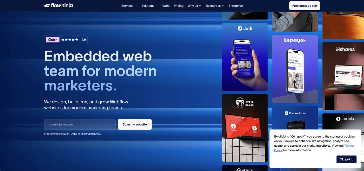 Flow Ninja homepage: an embedded web team for modern marketers