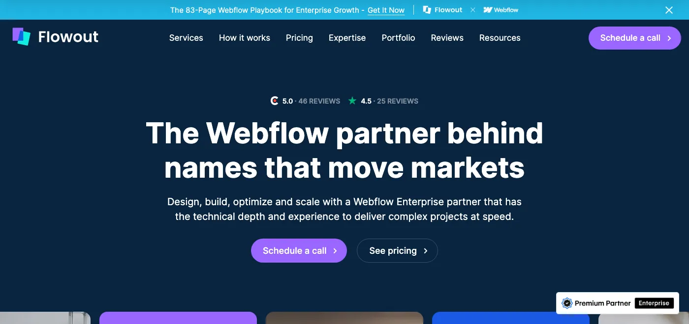 Flowout homepage: the Webflow partner behind names that move markets