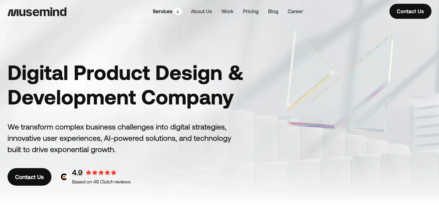 Musemind homepage: digital product design and development company
