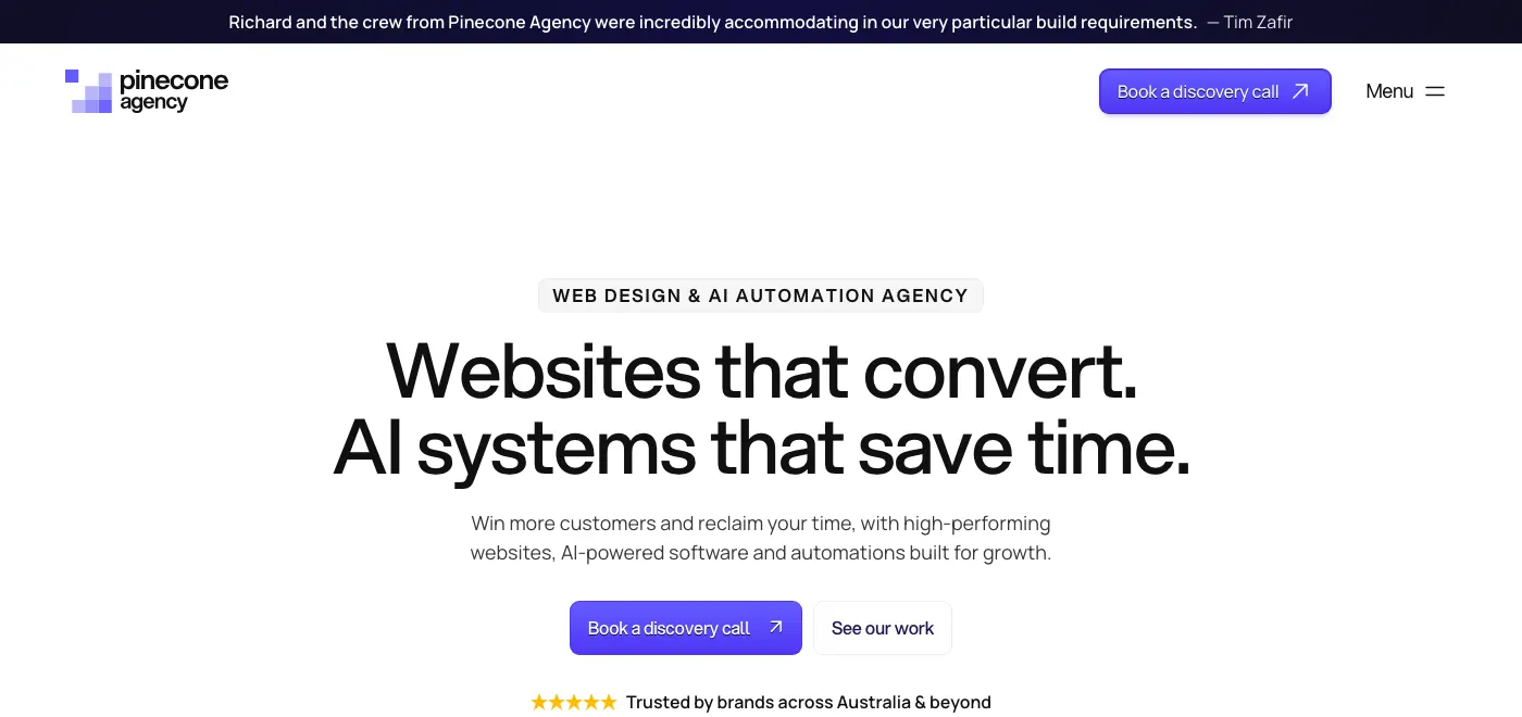 Pinecone Agency homepage: websites that convert, AI systems that save time