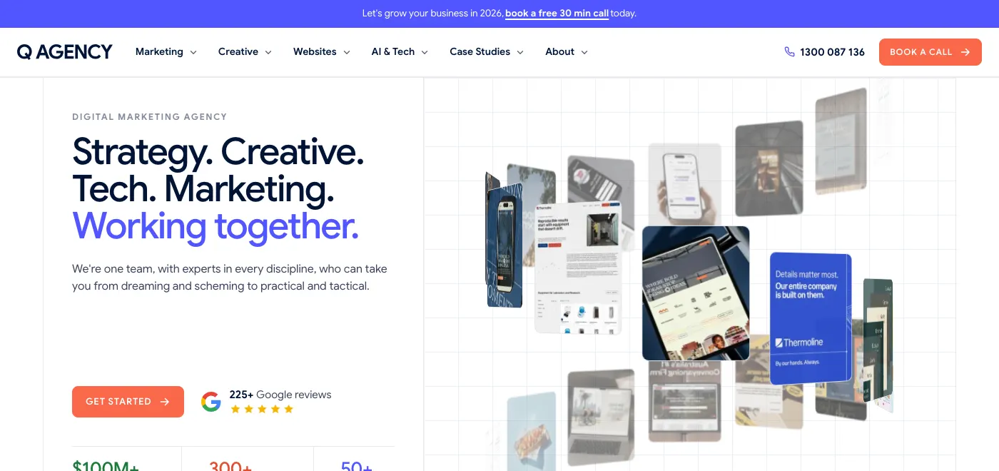 Q Agency homepage: strategy, creative, tech and marketing working together