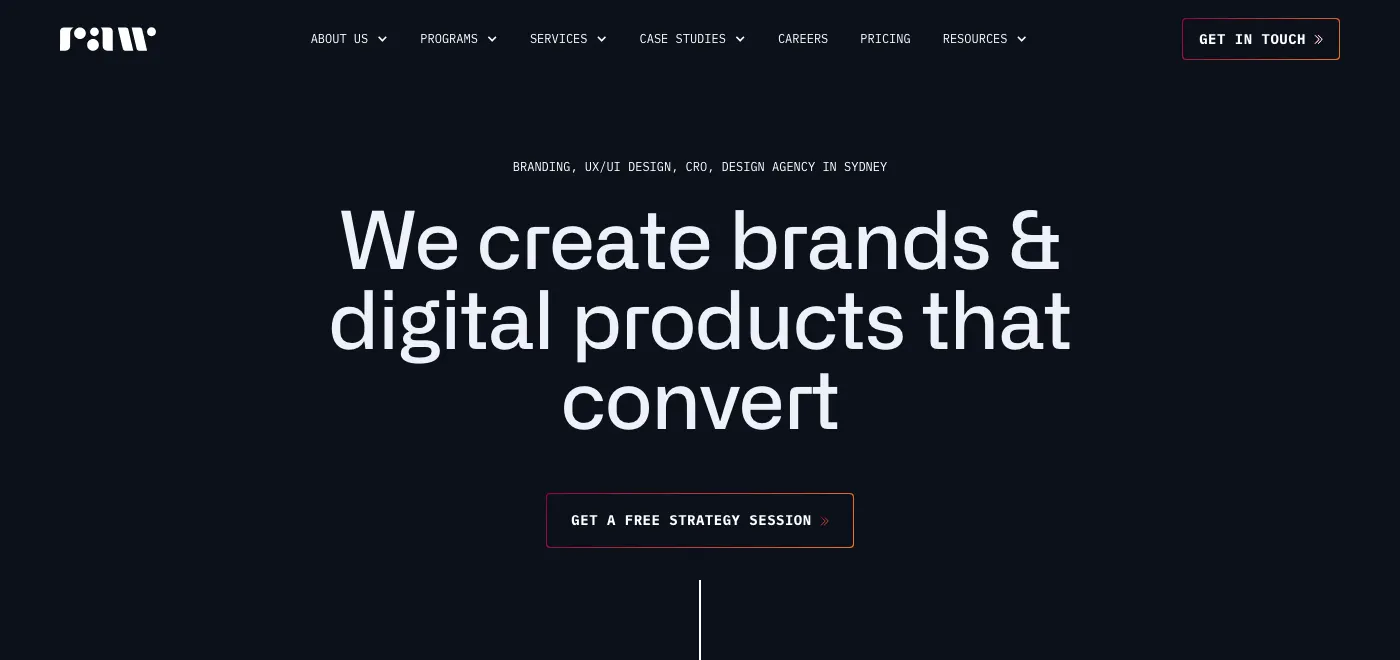 Raw.Studio homepage: branding, UX/UI design and CRO agency in Sydney