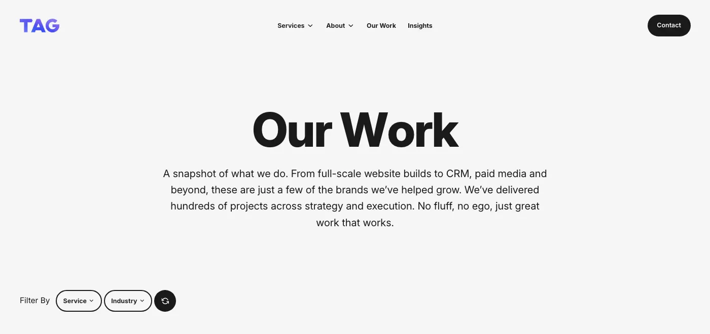 TAG work page: a snapshot of what we do, from full-scale website builds to CRM and paid media