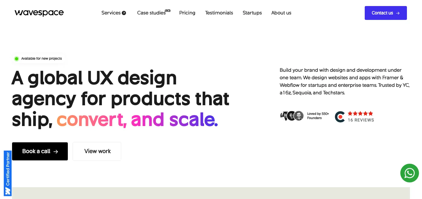 Wavespace homepage: a global UX design agency for products that ship, convert and scale
