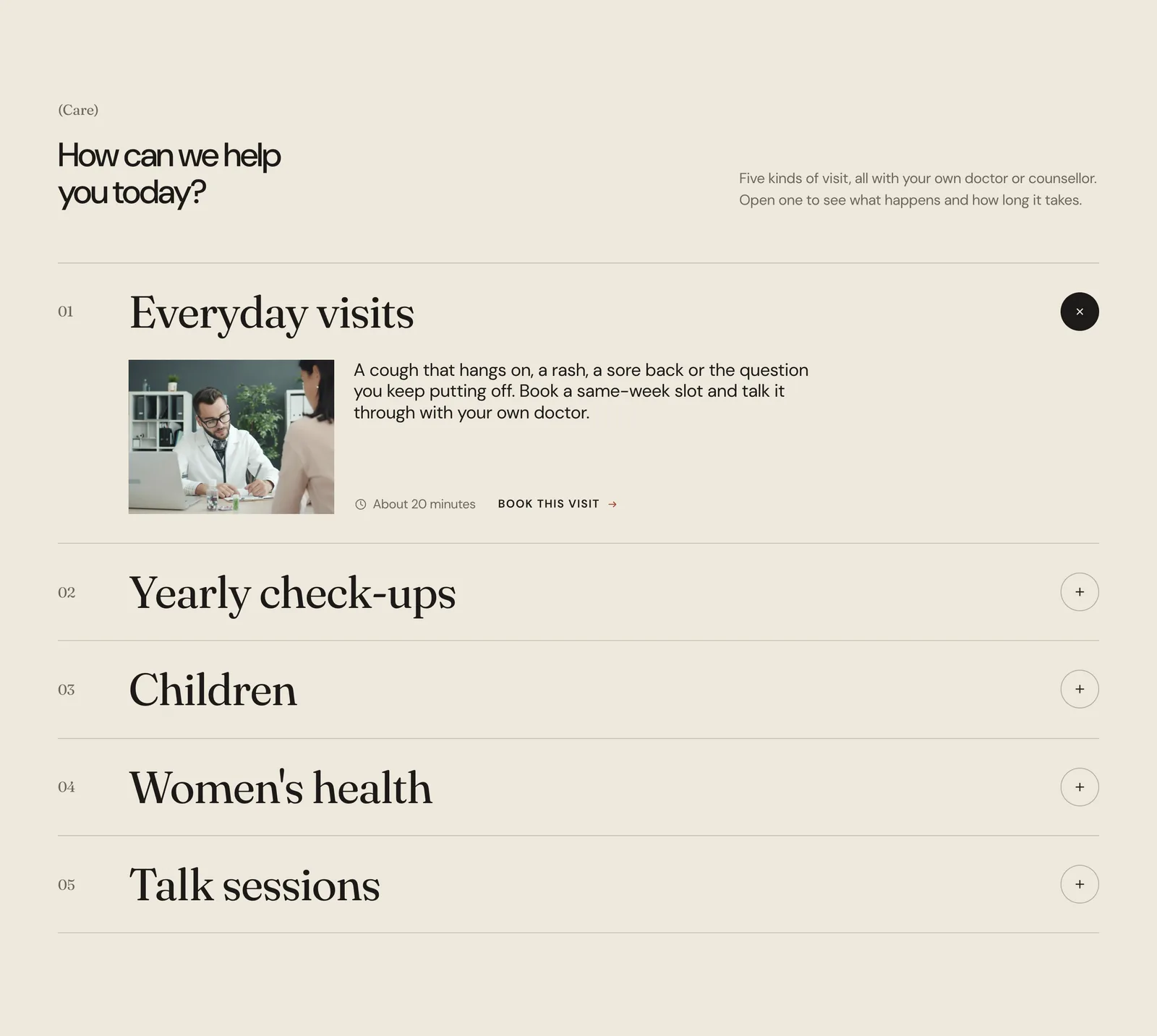 The care section on a cream band: the heading How can we help you today, and a numbered list of five visits in a serif typeface, with Everyday visits open to show a photo, a short description, About 20 minutes and a Book this visit link.