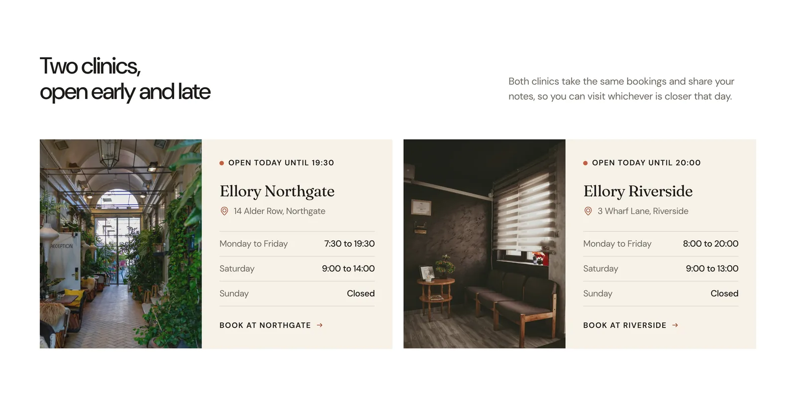 The clinics section: Ellory Northgate and Ellory Riverside cards, each with a photo, an open today label, the address and opening hours for weekdays, Saturday and Sunday.