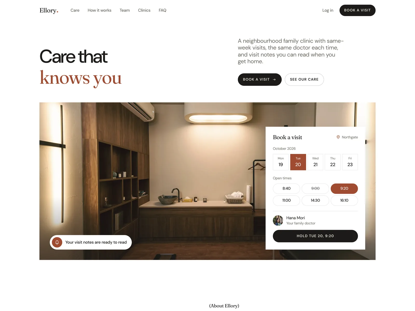 The Ellory hero in the light theme: the headline Care that knows you, two buttons, and a photo of a warm consulting room with a booking card showing October dates, open times with 9:20 picked and the button Hold Tue 20, 9:20.