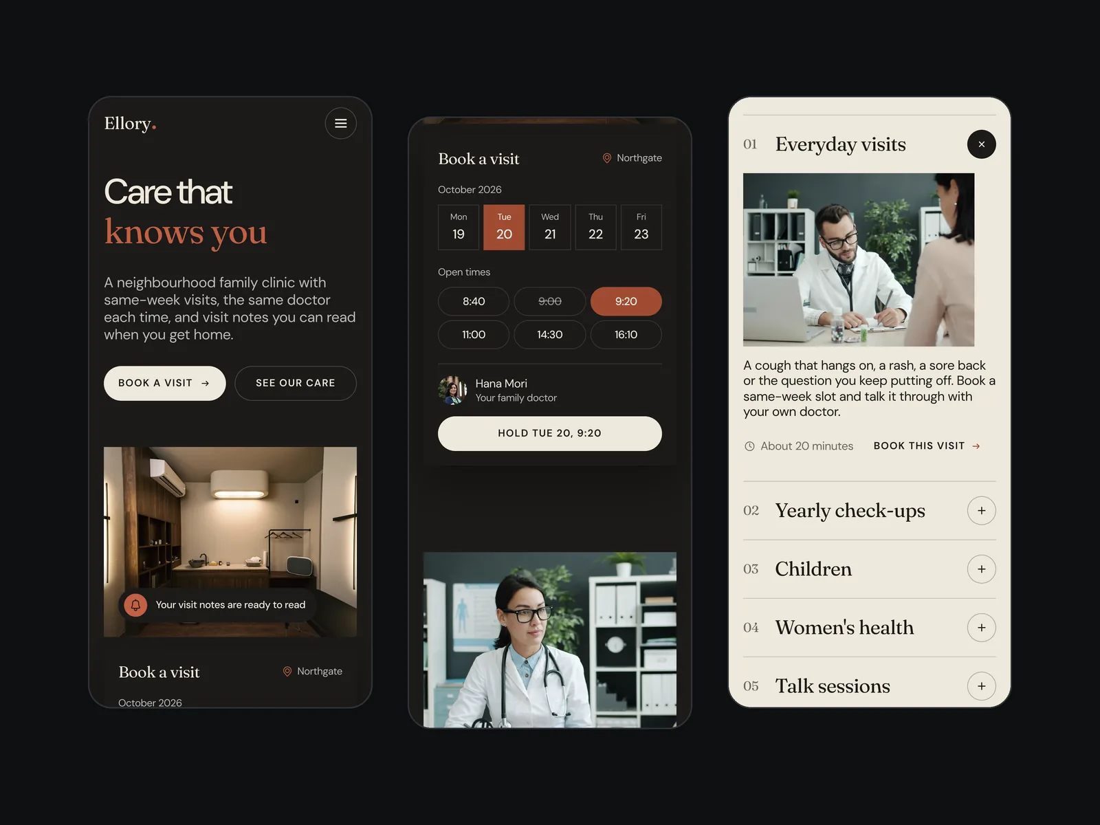 The same three phone screens in the dark theme.