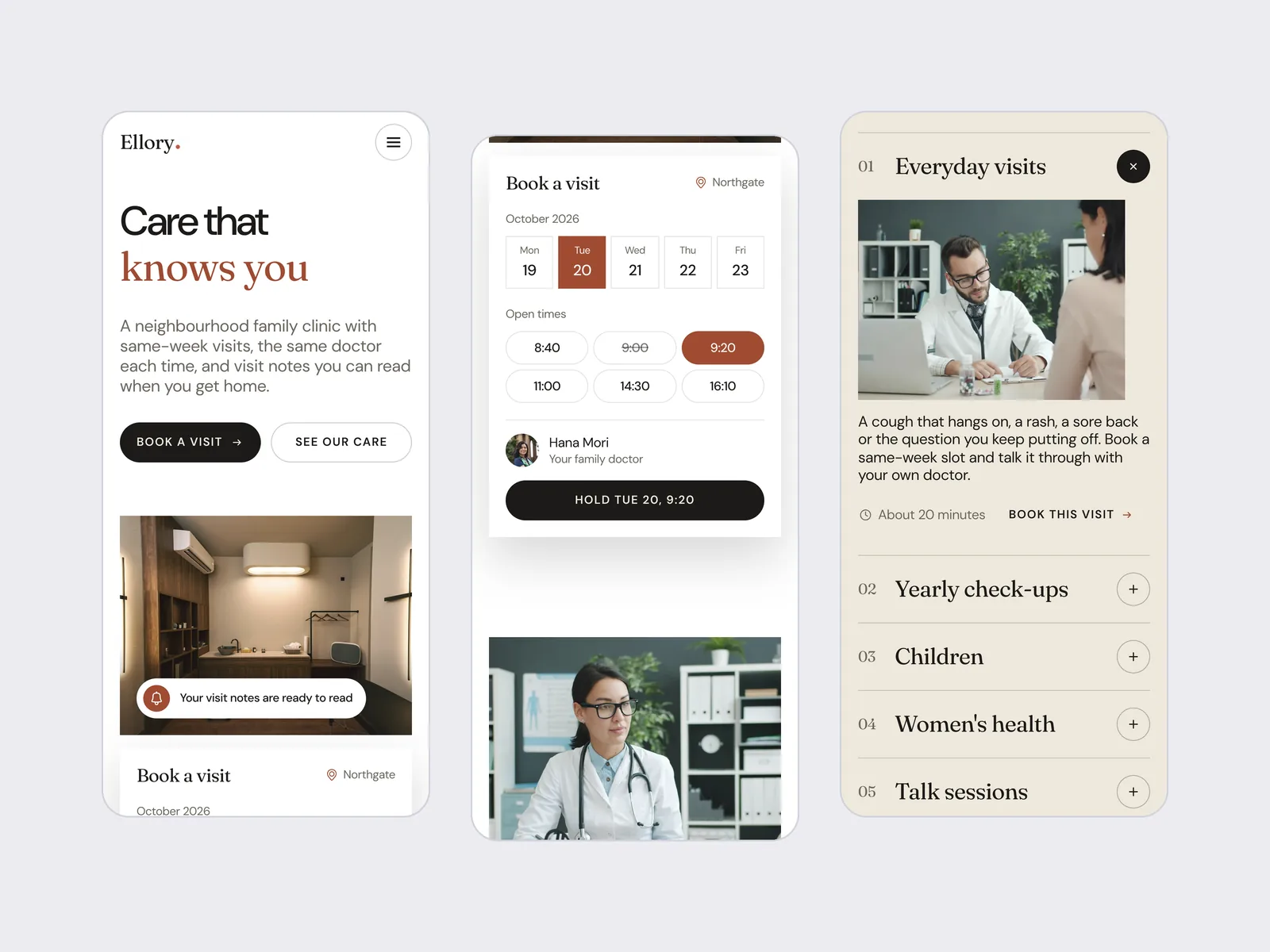 Three phone screens of the light Ellory site: the hero with the headline and room photo, the booking card with dates and open times, and the care list with Everyday visits open.