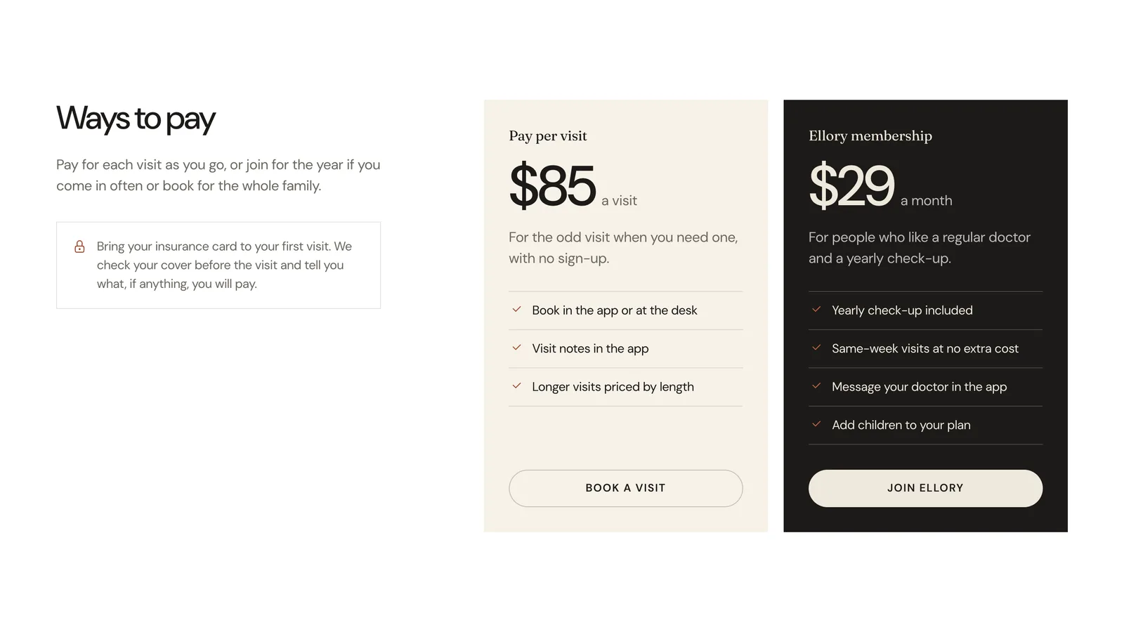 Ways to pay in the light theme: a cream card for paying per visit at $85 a visit, and an ink card for the Ellory membership at $29 a month, each with a short list and a button.