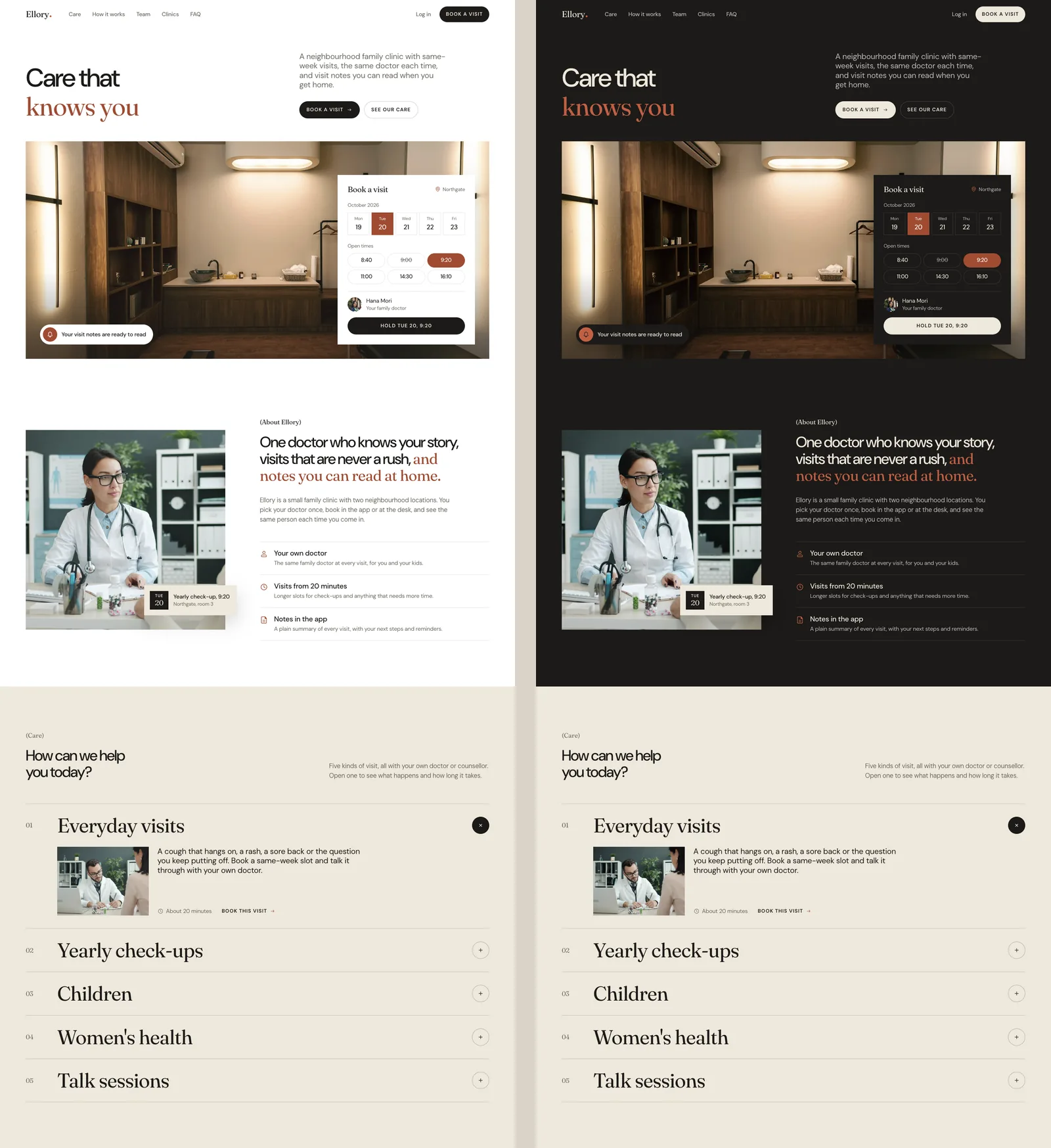 The top of the Ellory page in both themes side by side: the light version on the left and the dark version on the right, with the same hero, booking card, about section and care list.