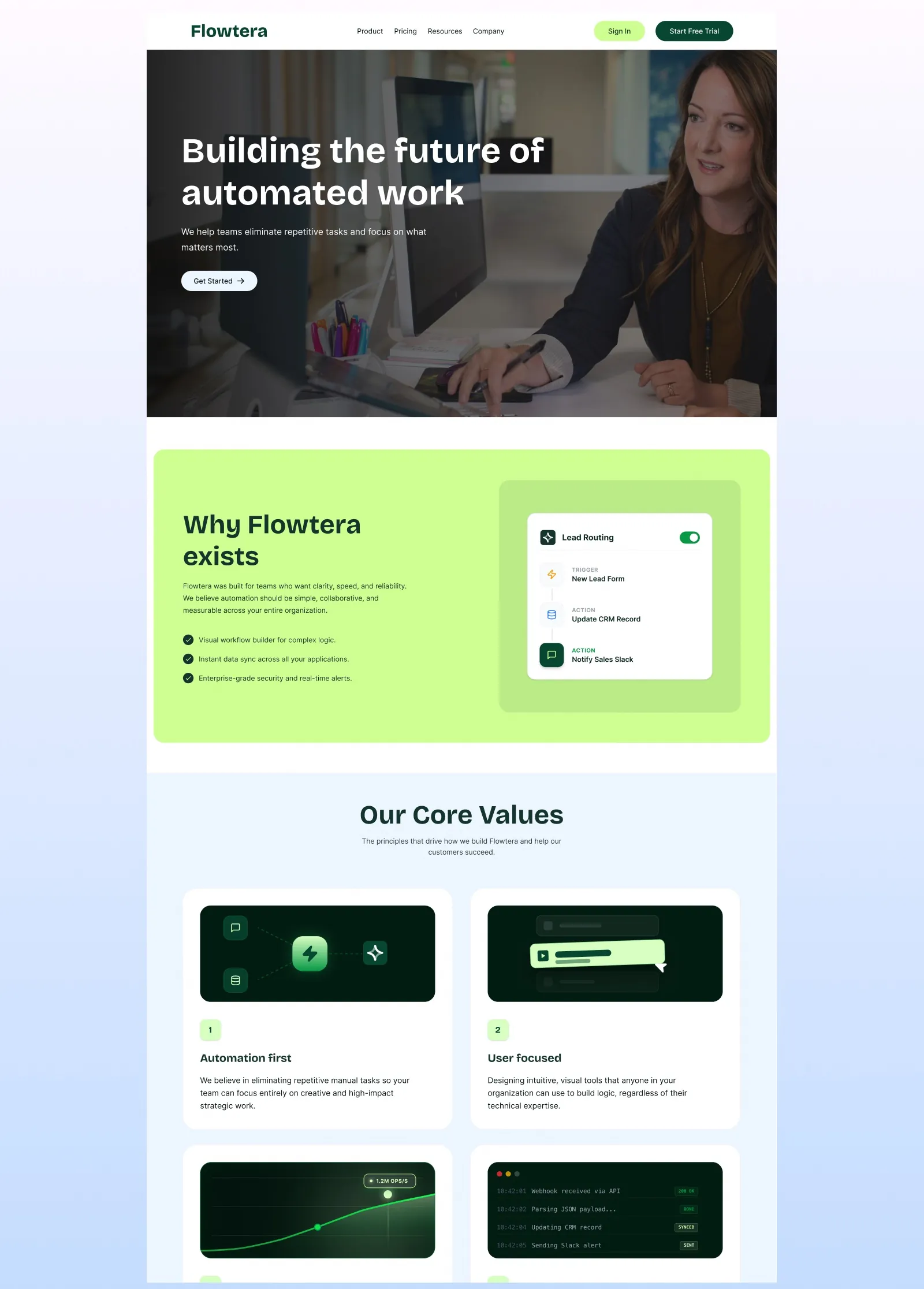 The Flowtera company page: a photographic hero reading Building the future of automated work, a lime panel explaining why Flowtera exists beside a lead routing flow, and core value cards with small dark interface illustrations