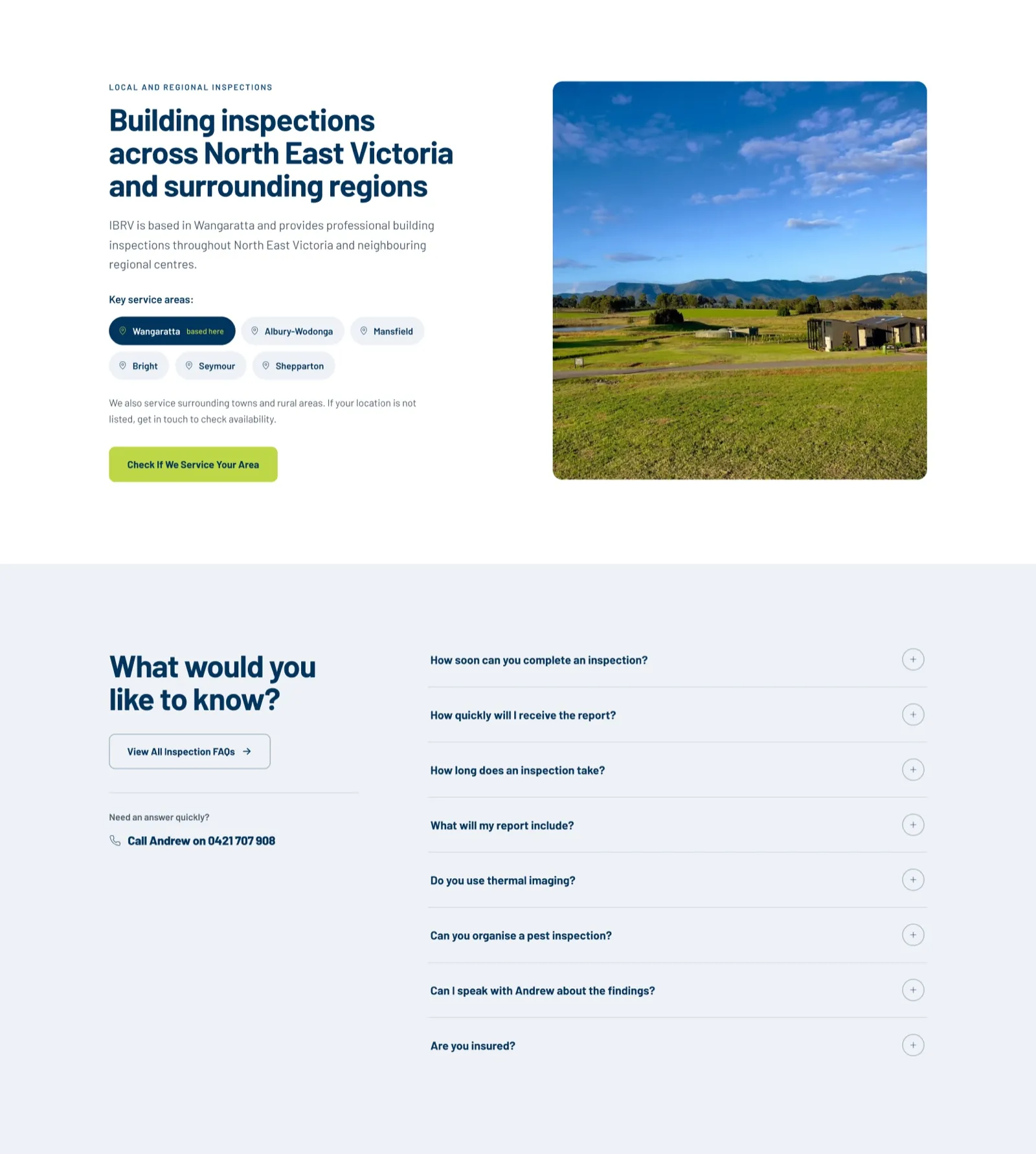 The live IBRV homepage in Concept 1: service areas across North East Victoria with Wangaratta marked as the base, beside a photograph of regional farmland, and a list of frequently asked questions with a Call Andrew link