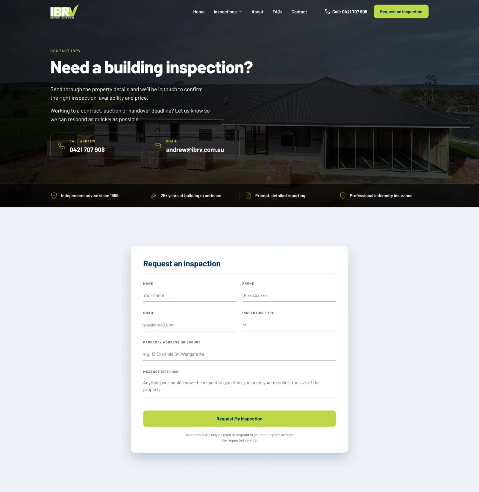 The IBRV contact page: a dark hero reading Need a building inspection with call and email tiles, a credentials band, and a centred Request an inspection form