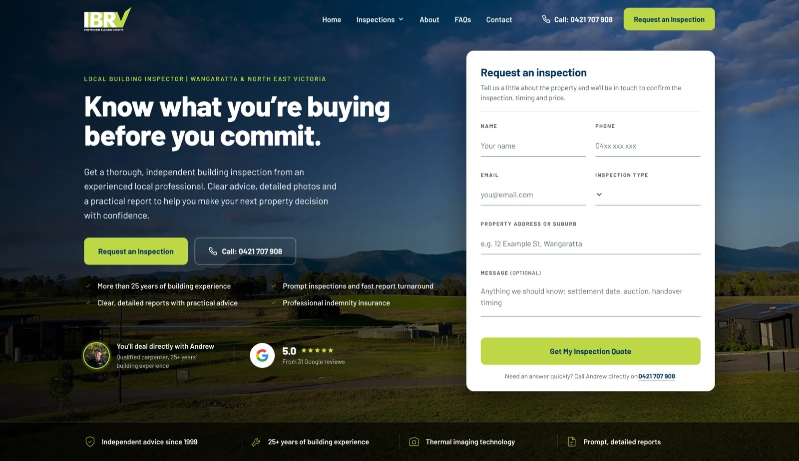 The live IBRV homepage, Concept 1: a photographic hero in navy and lime with the headline Know what you're buying before you commit, Request an Inspection and call buttons, an enquiry form in the first screen and a band of four credentials