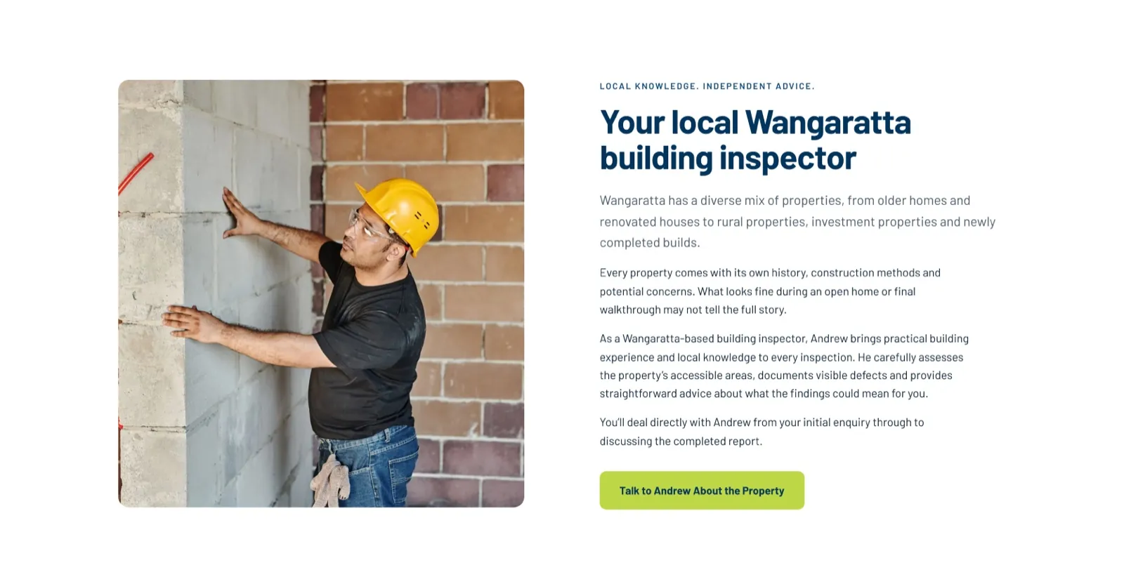 The IBRV Wangaratta location page: a photograph of an inspector checking a block wall beside the heading Your local Wangaratta building inspector, a description of local property types and a Talk to Andrew About the Property button