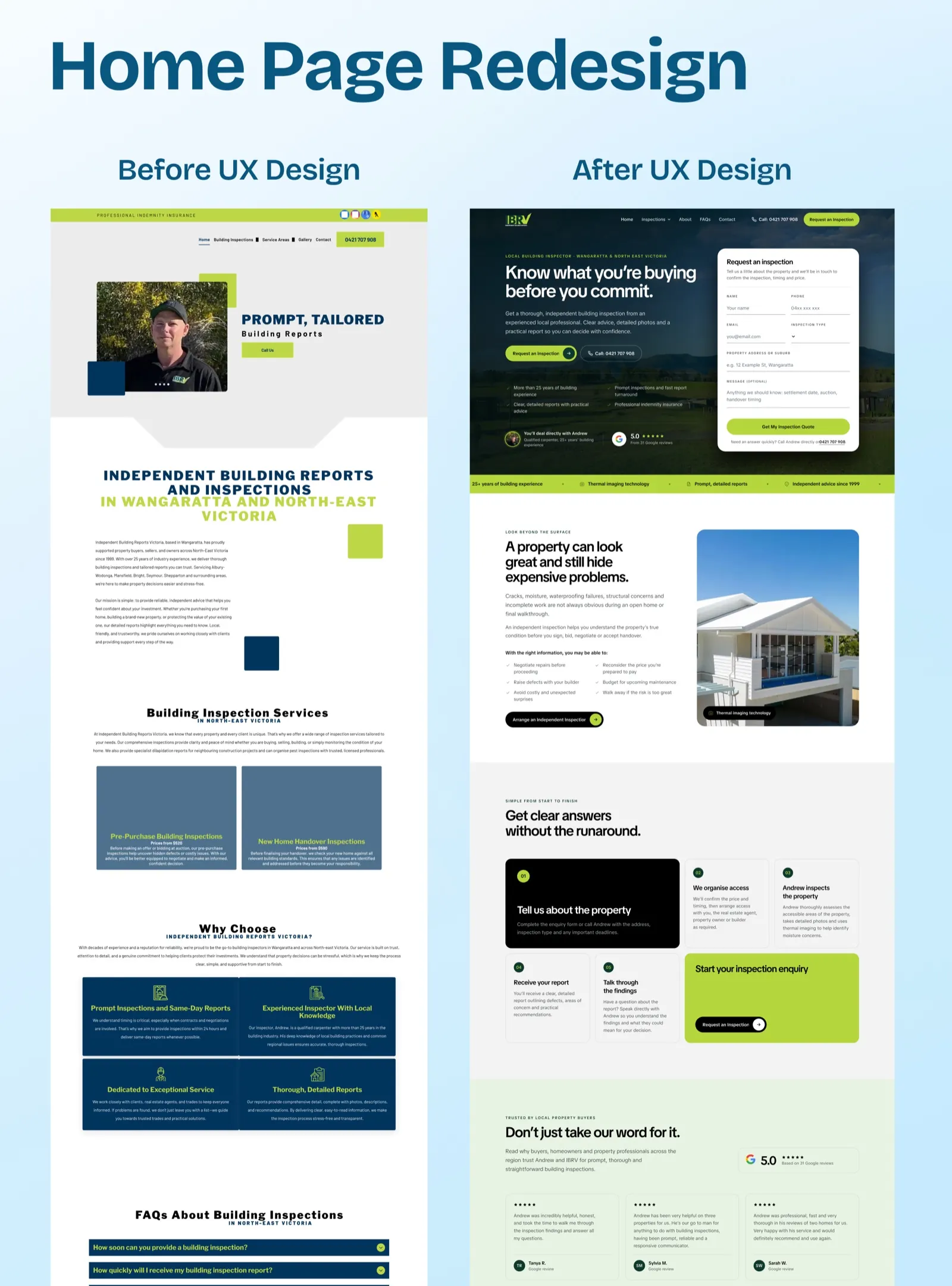 A before and after comparison of the IBRV homepage: the old Duda page with spaced capital headings, long paragraphs and grey service tiles, beside the redesign with a dark photographic hero, an enquiry form in the first screen and a trust strip