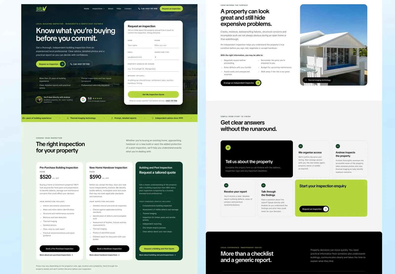 Concept 2 of the IBRV homepage: the hero with enquiry form, three inspection cards with what each includes, the risk section beside a photograph of a new house, and a five-step process under Get clear answers without the runaround