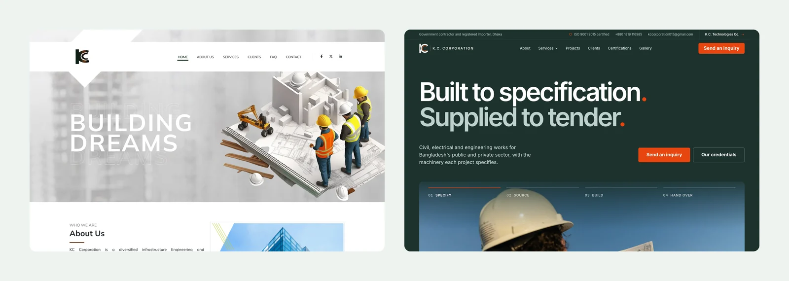 The first screen of the old K.C. Corporation website on the left, with the words Building Dreams over a 3D illustration of builders, beside the first screen of the new website on the right, with the headline Built to specification. Supplied to tender. on deep green.