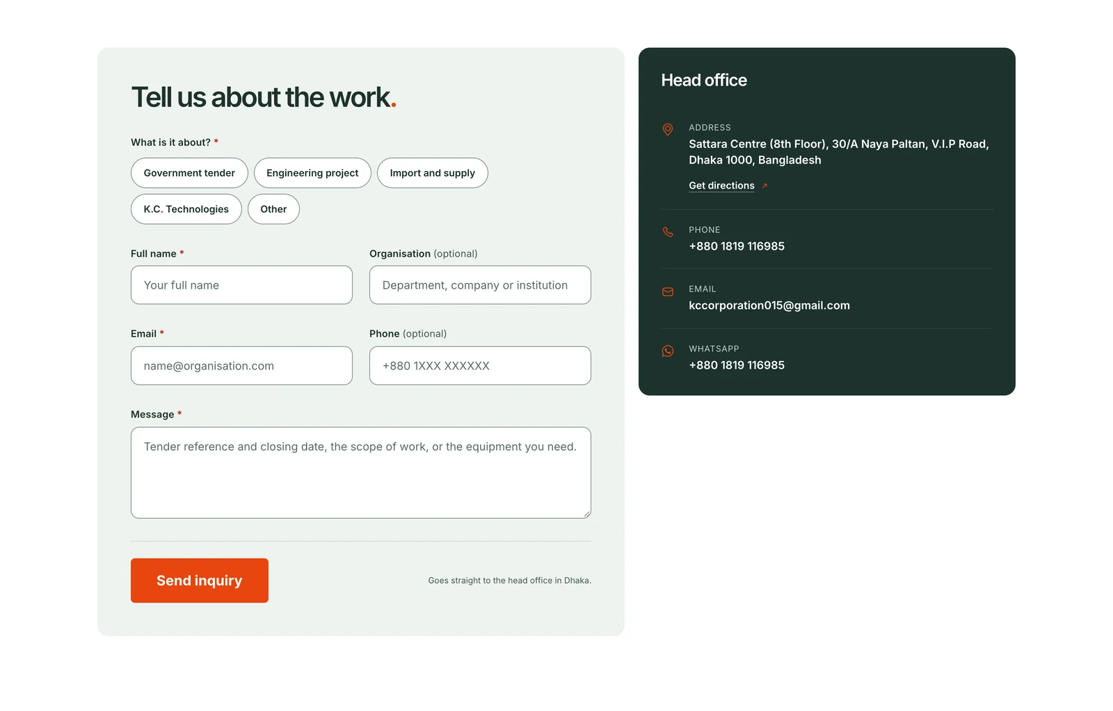 The contact form, headed Tell us about the work: choice pills for the type of inquiry, fields for name, organisation, email, phone and message, and a Send inquiry button, beside a dark green panel with the head office address, phone, email and WhatsApp.