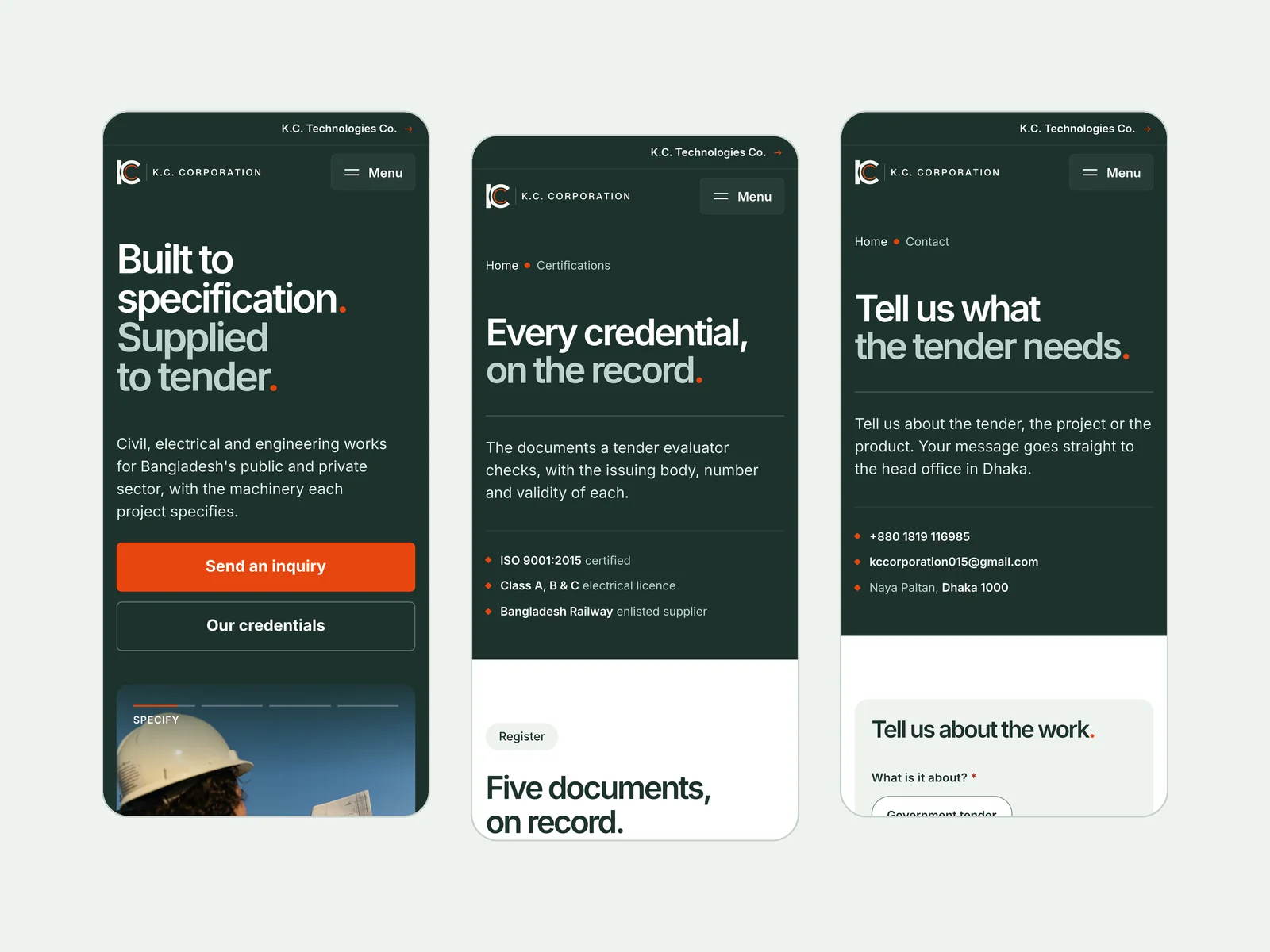 Three phone screens of the K.C. Corporation website: the home page hero, the Certifications page and the contact page.