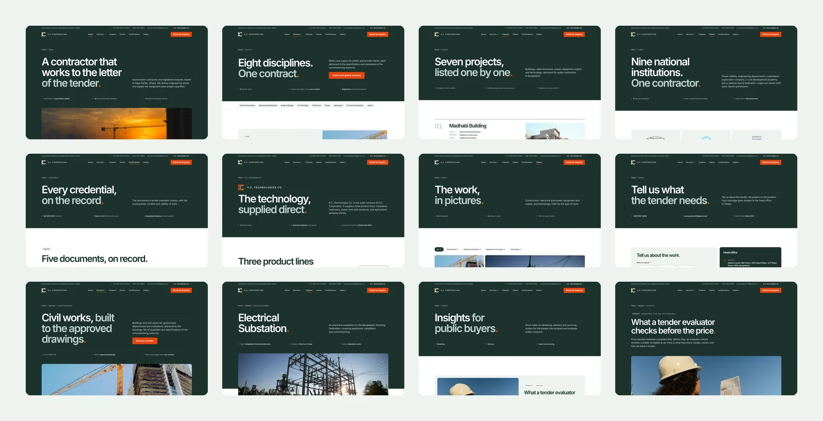 A grid of twelve page screenshots from the K.C. Corporation website, including About, Services, Projects, Clients, Certifications, K.C. Technologies, Gallery, Contact, a service page, a project page, the Insights index and an article.