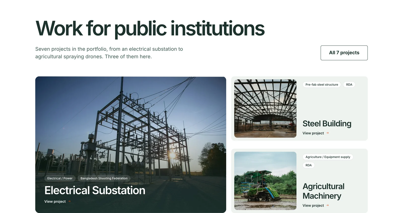 The projects section of the home page: the heading Work for public institutions, a large card for the Electrical Substation project for the Bangladesh Shooting Federation, and two smaller cards for the Steel Building and Agricultural Machinery projects.