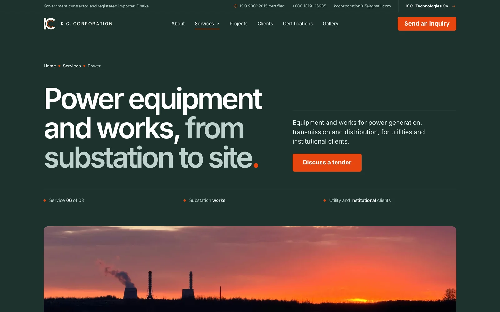 The Power Plants and Power Solutions service page: a breadcrumb, the headline Power equipment and works, from substation to site, a short introduction and a wide photograph of a substation.
