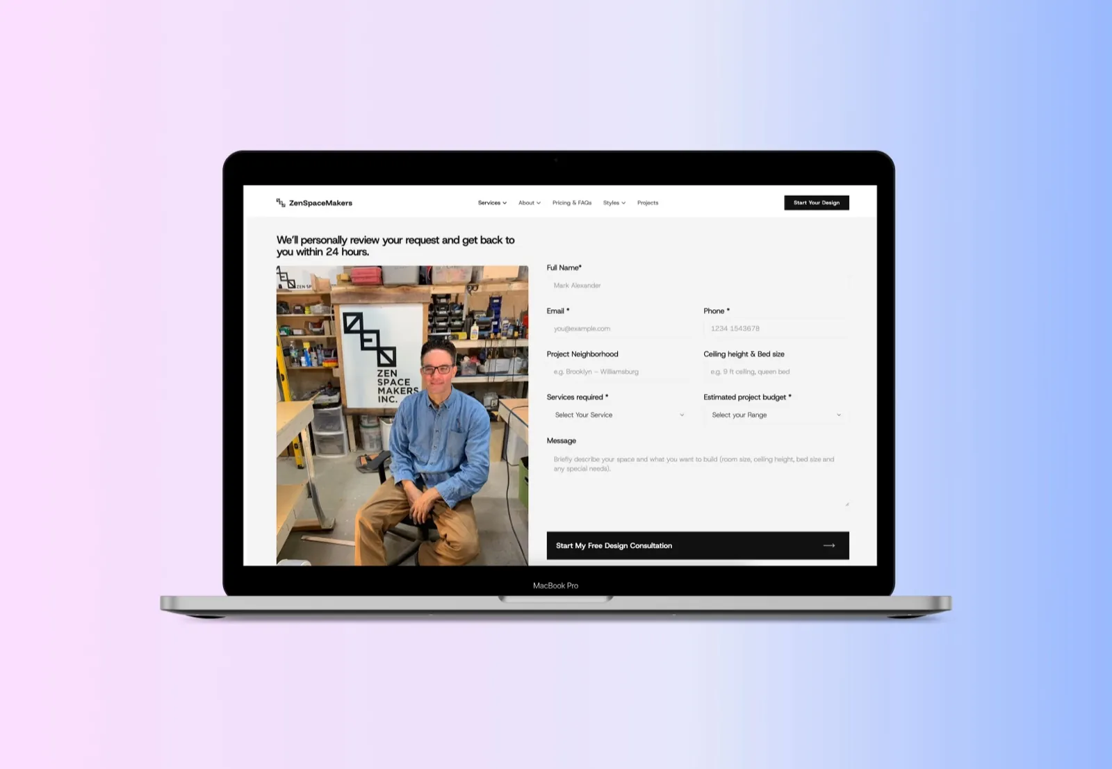 The LoftBedNYC design consultation form on a laptop: a photograph of the founder in his workshop beside fields for name, email, phone, project neighbourhood, ceiling height and bed size, services required and estimated budget