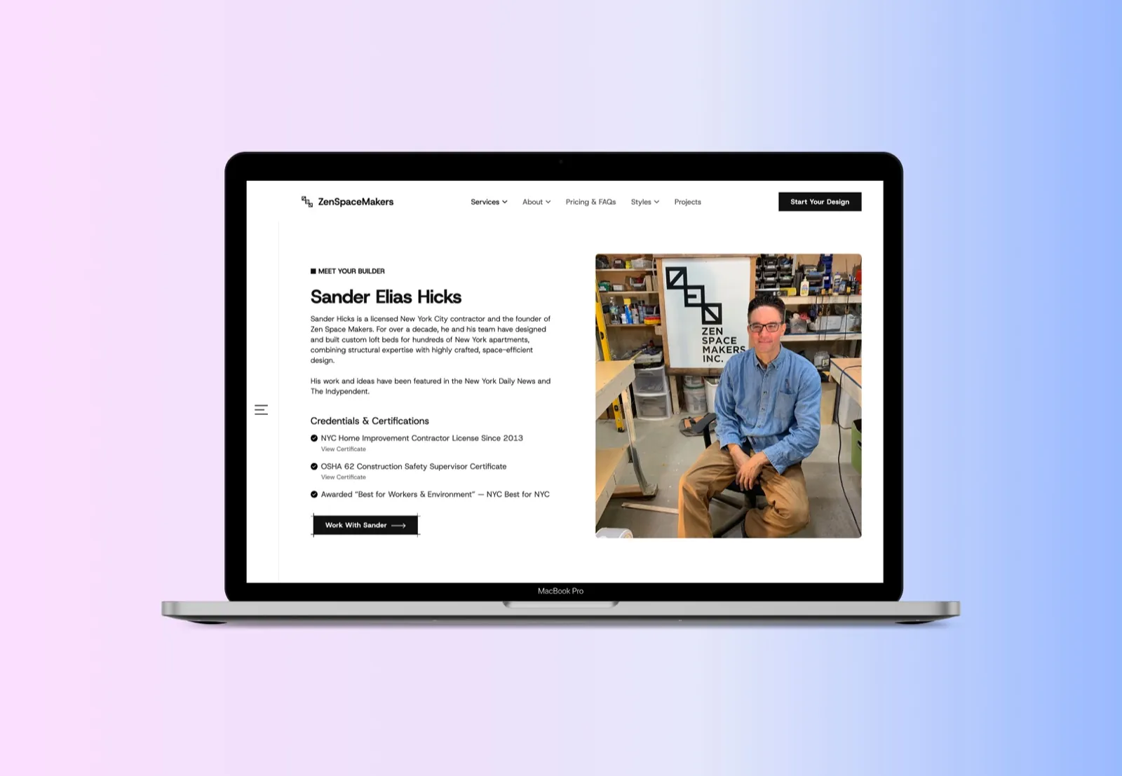 The Meet your builder section of the LoftBedNYC site: Sander Elias Hicks in his workshop beside a short biography and a list of credentials and certifications