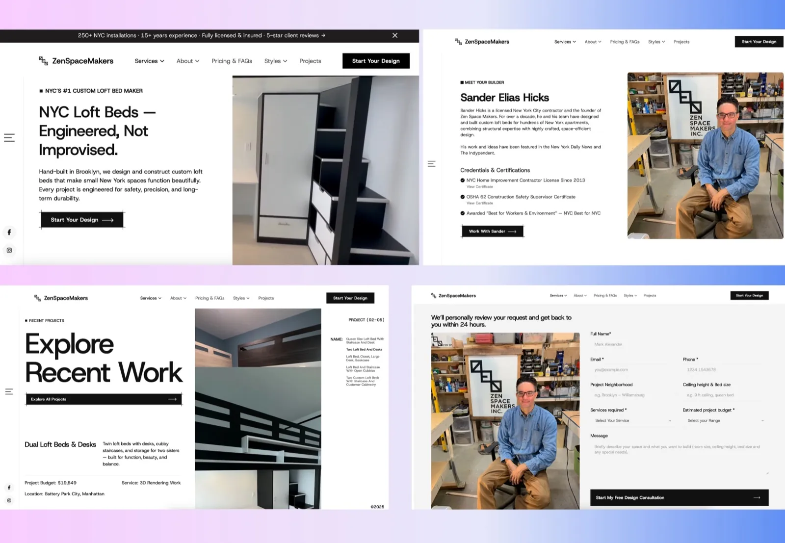 Four sections of the redesigned LoftBedNYC site: the hero reading NYC Loft Beds, Engineered, Not Improvised, the founder section with credentials, recent projects, and the design consultation form