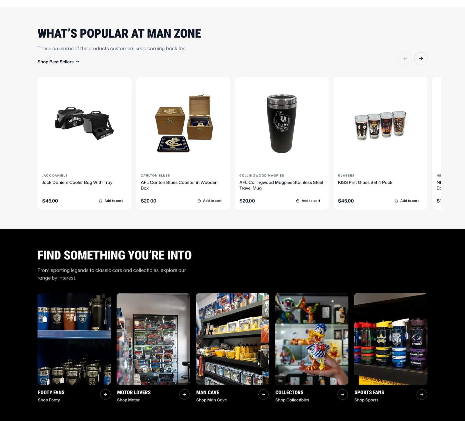 Two sections of the Man Zone homepage: a row of best-selling products with prices and add-to-cart, and five interest tiles photographed inside the shop