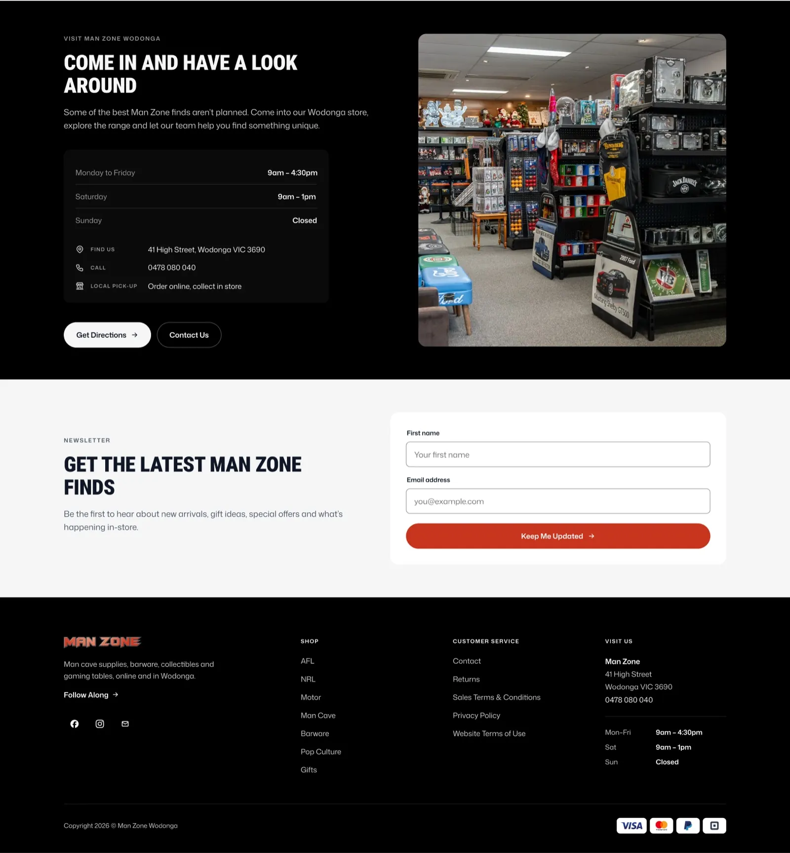 The Man Zone store section with opening hours, address, phone number and local pick-up, a newsletter sign-up, and the site footer