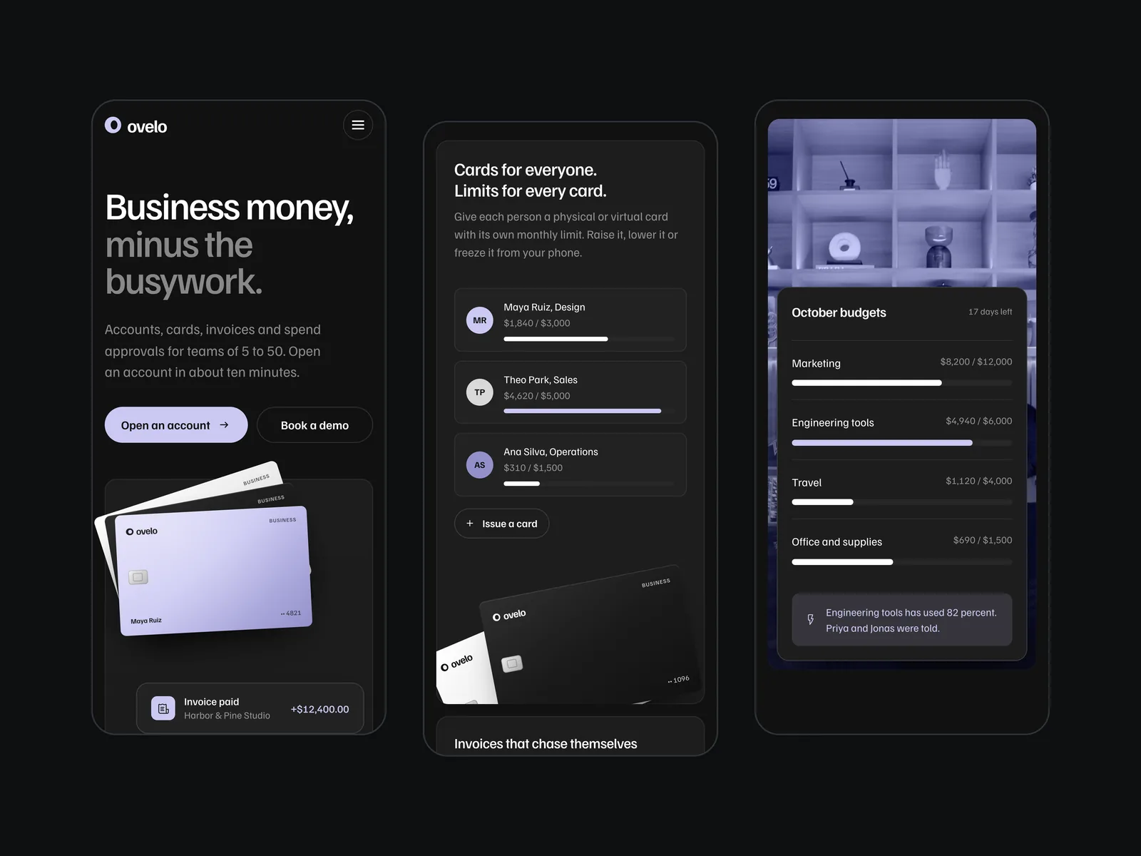 Three phone screens of the dark Ovelo site: the hero with the headline and card deck, the cards for everyone feature with per-person limits, and the October budgets panel over a tinted photograph.