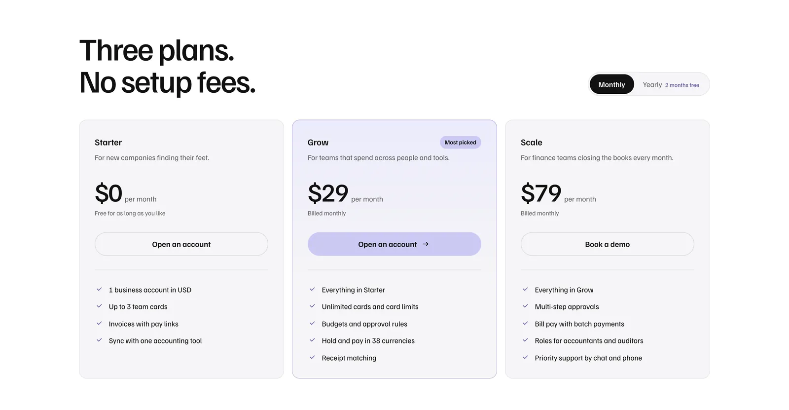 The pricing section in the light theme: three plans, Starter at $0, Grow at $29 marked Most picked, and Scale at $79, with a monthly and yearly switch.