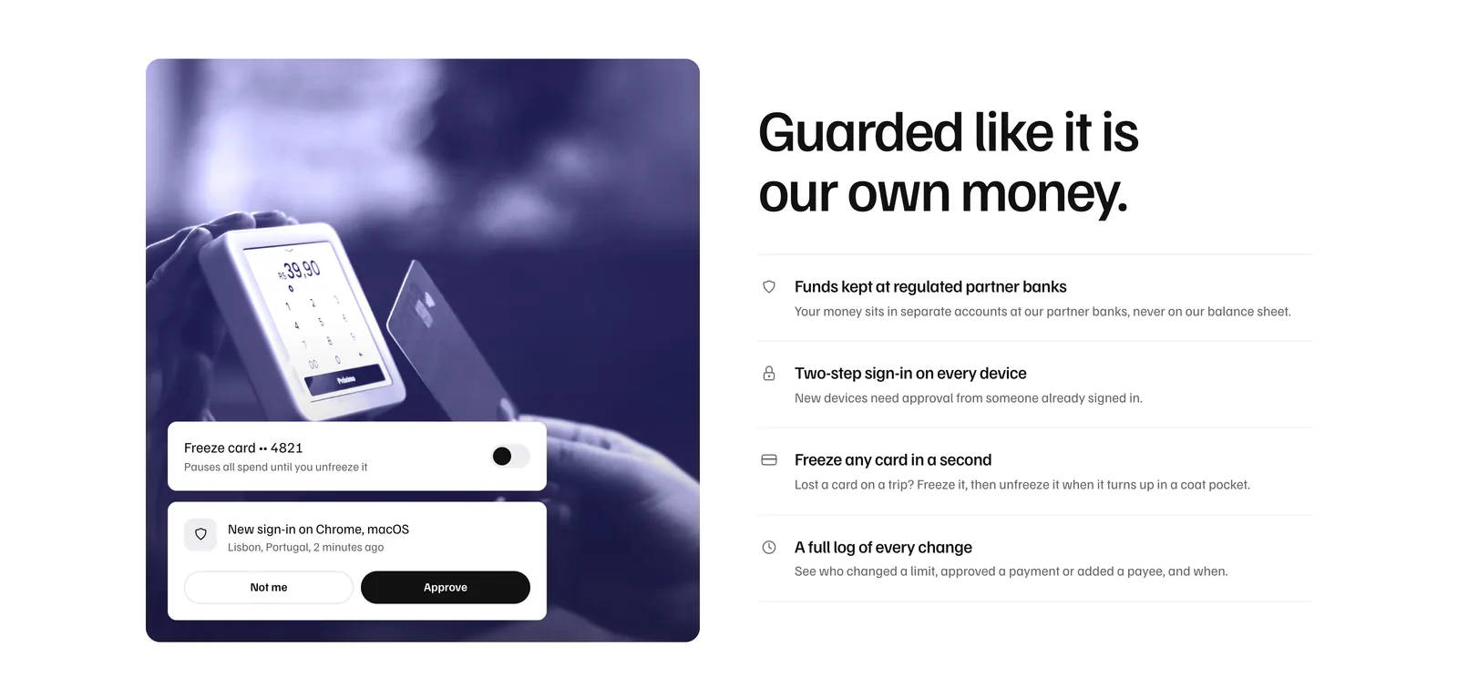 The security section in the light theme: a lavender-tinted photograph of a hand tapping a card on a payment terminal, a freeze card switch and a new sign-in approval panel, beside four security points.