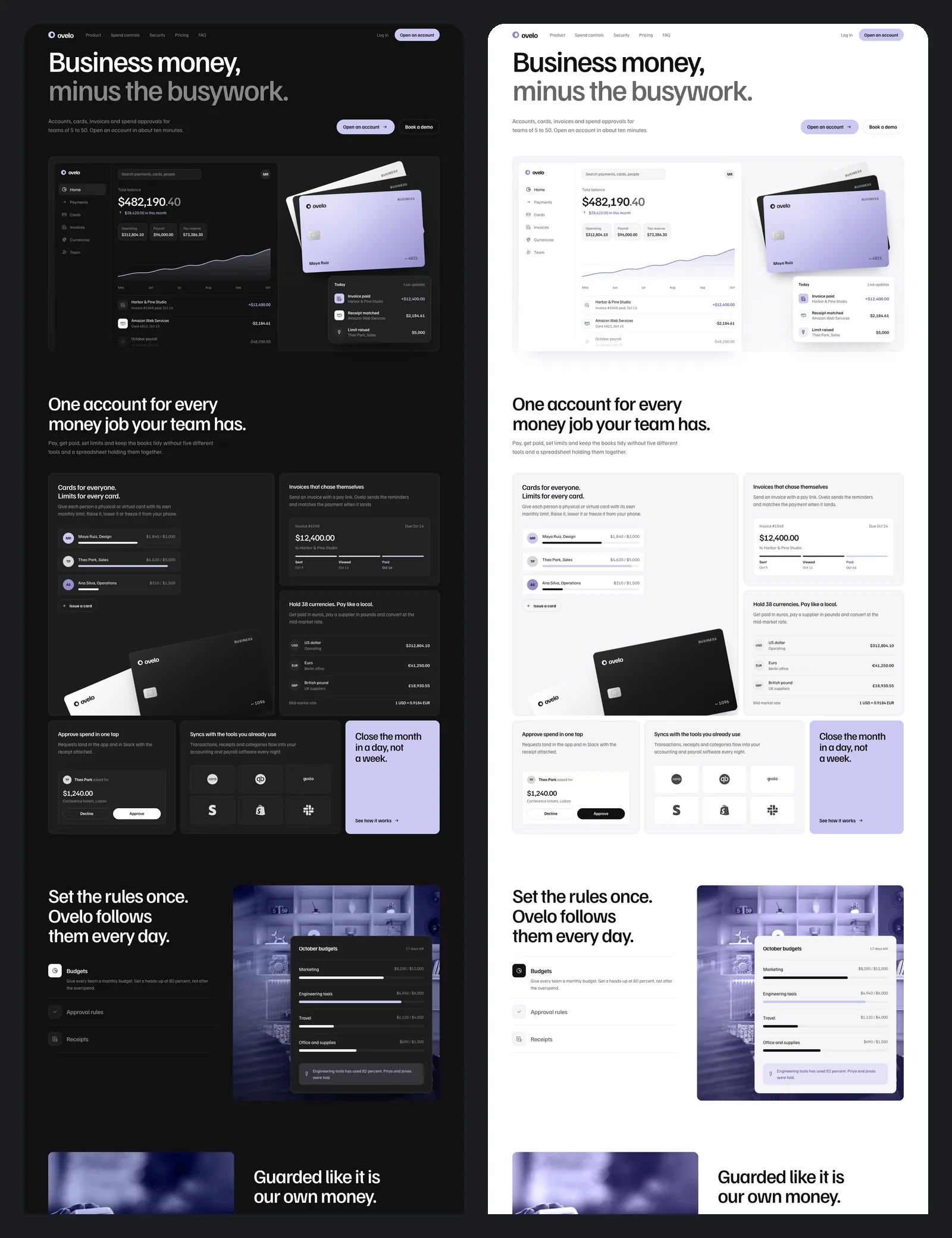 The top of the Ovelo page in both themes side by side: the dark version on the left and the light version on the right, with the same hero, dashboard, card deck and feature grid.