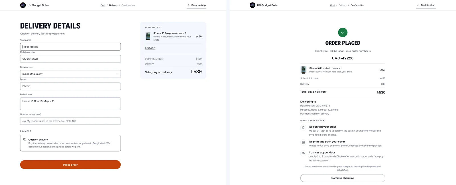 Two screens side by side: the checkout with the delivery details form and the order summary, and the order confirmation with a check mark, the order number, the summary and the next steps.