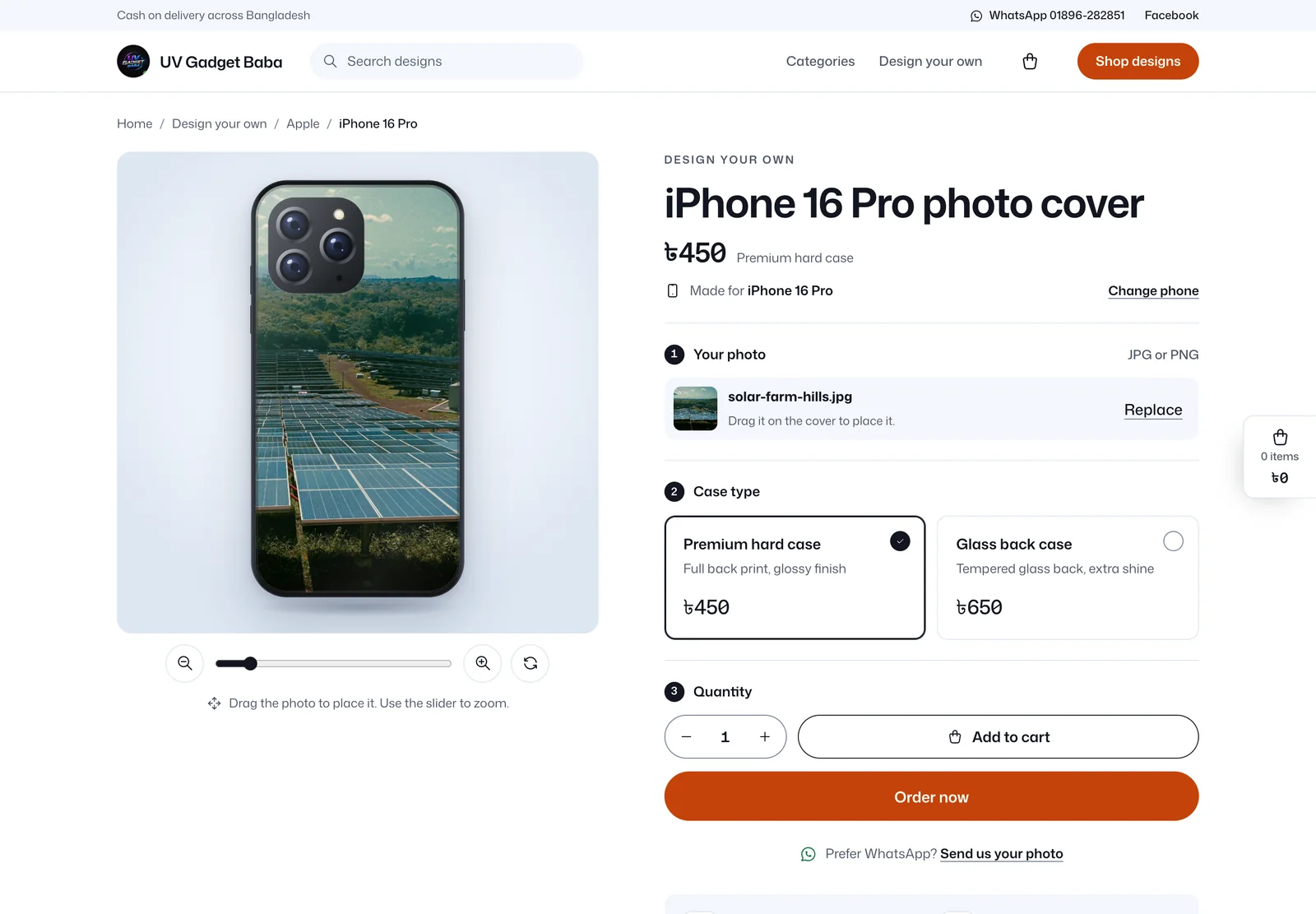 The Design your own page for the iPhone 16 Pro: a drawn phone case with a landscape photo placed on it and the camera cut-out on top, zoom buttons and a slider below, and on the right the uploaded photo, the case type choice, quantity, Add to cart and Order now.
