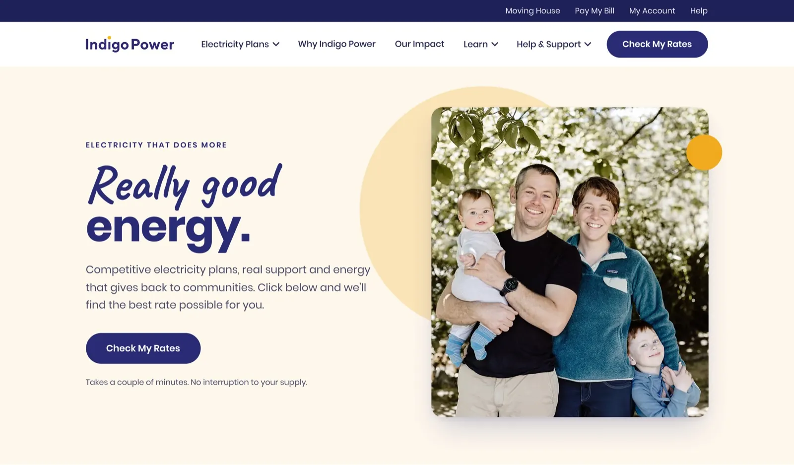 Indigo Power homepage for a community-owned electricity retailer