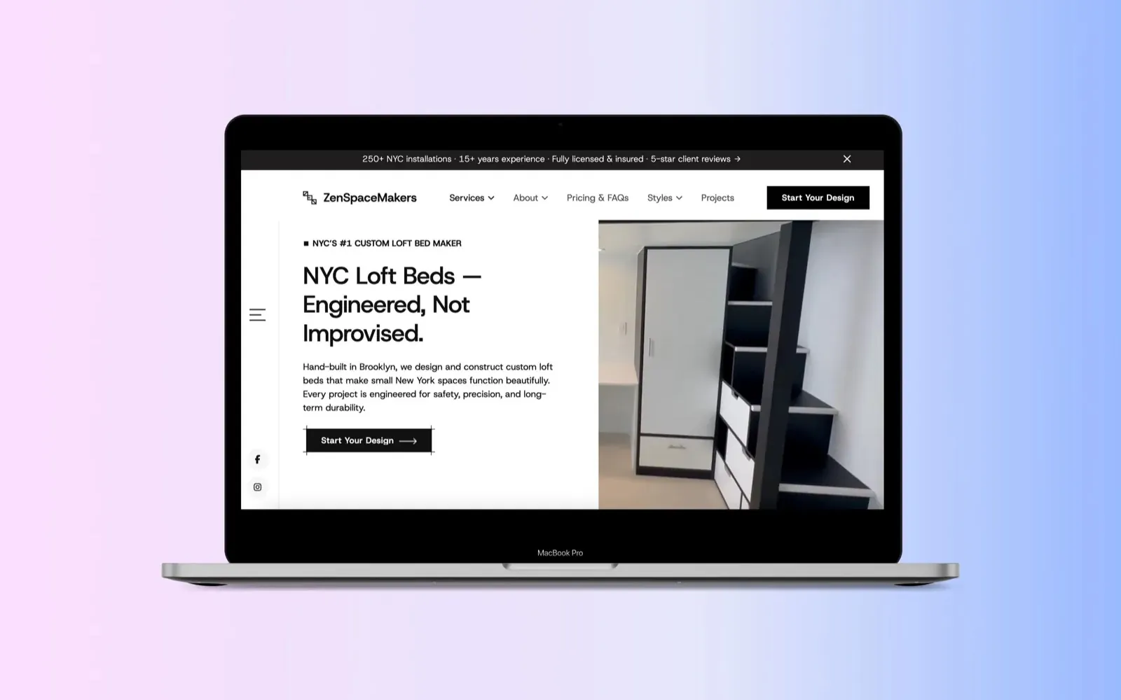 The redesigned LoftBedNYC homepage on a laptop: the headline NYC Loft Beds, Engineered, Not Improvised, a Start Your Design button and a photograph of a custom loft bed with storage stairs