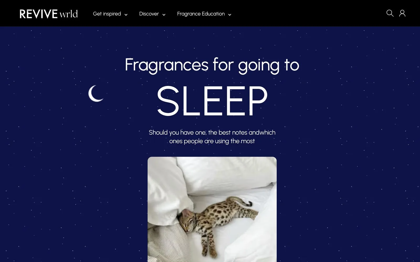 A page from the Revive World website: a dark blue night sky with the headline Fragrances for going to SLEEP, a short line about the best notes, and a photograph of a cat asleep on white bedding