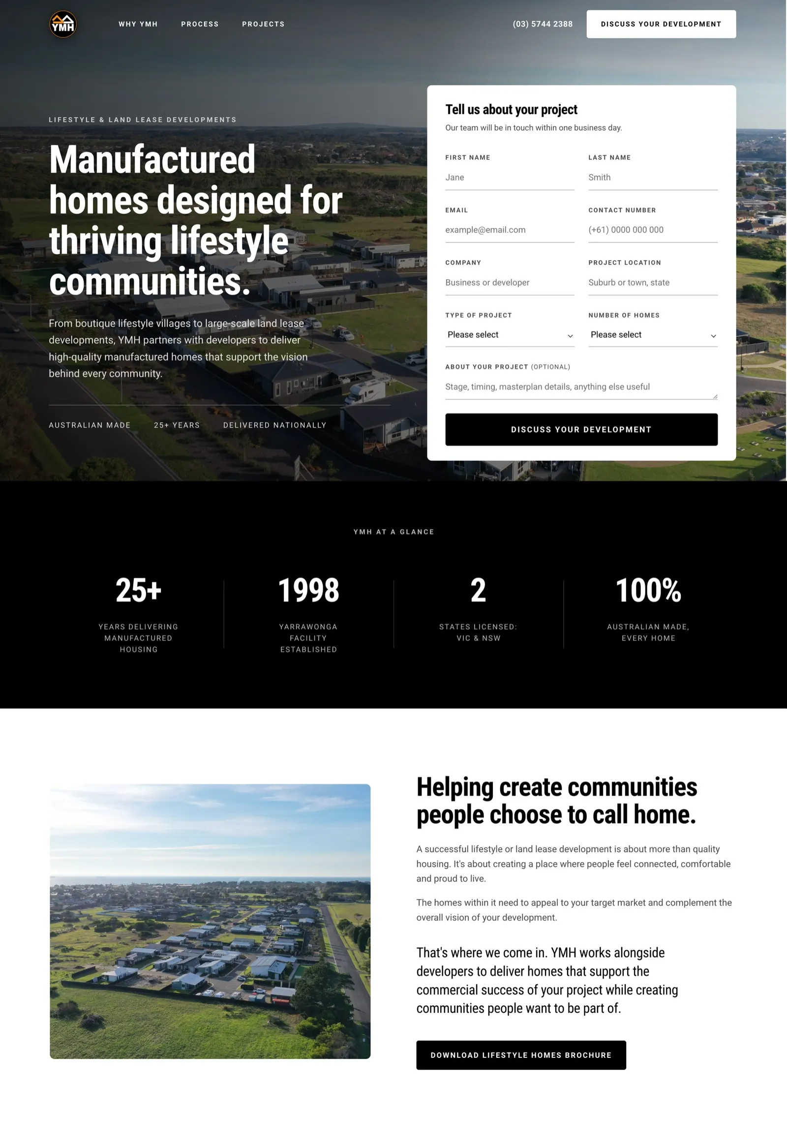 The YMH Lifestyle page: hero with enquiry form, a YMH at a glance statistics band, and a section headed Helping create communities people choose to call home