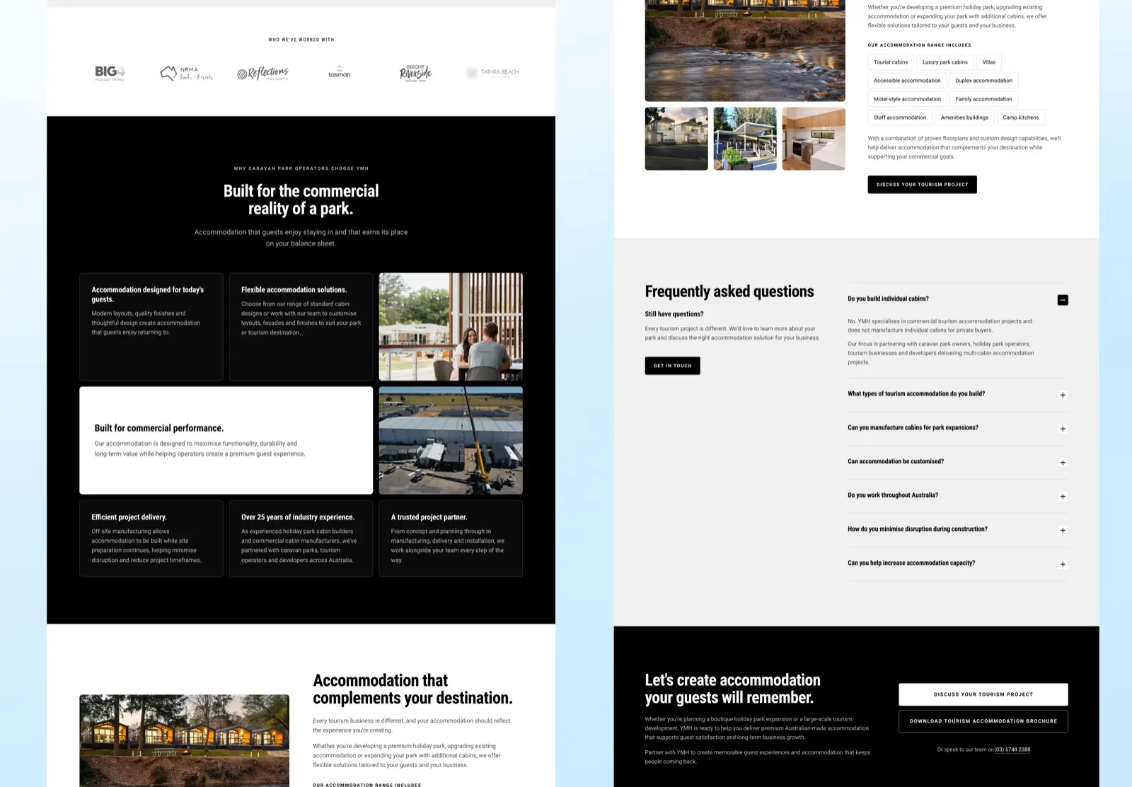 The YMH Tourism page proof sections: operator logos including BIG4 and NRMA, a bento headed Built for the commercial reality of a park, the accommodation range, and the FAQ